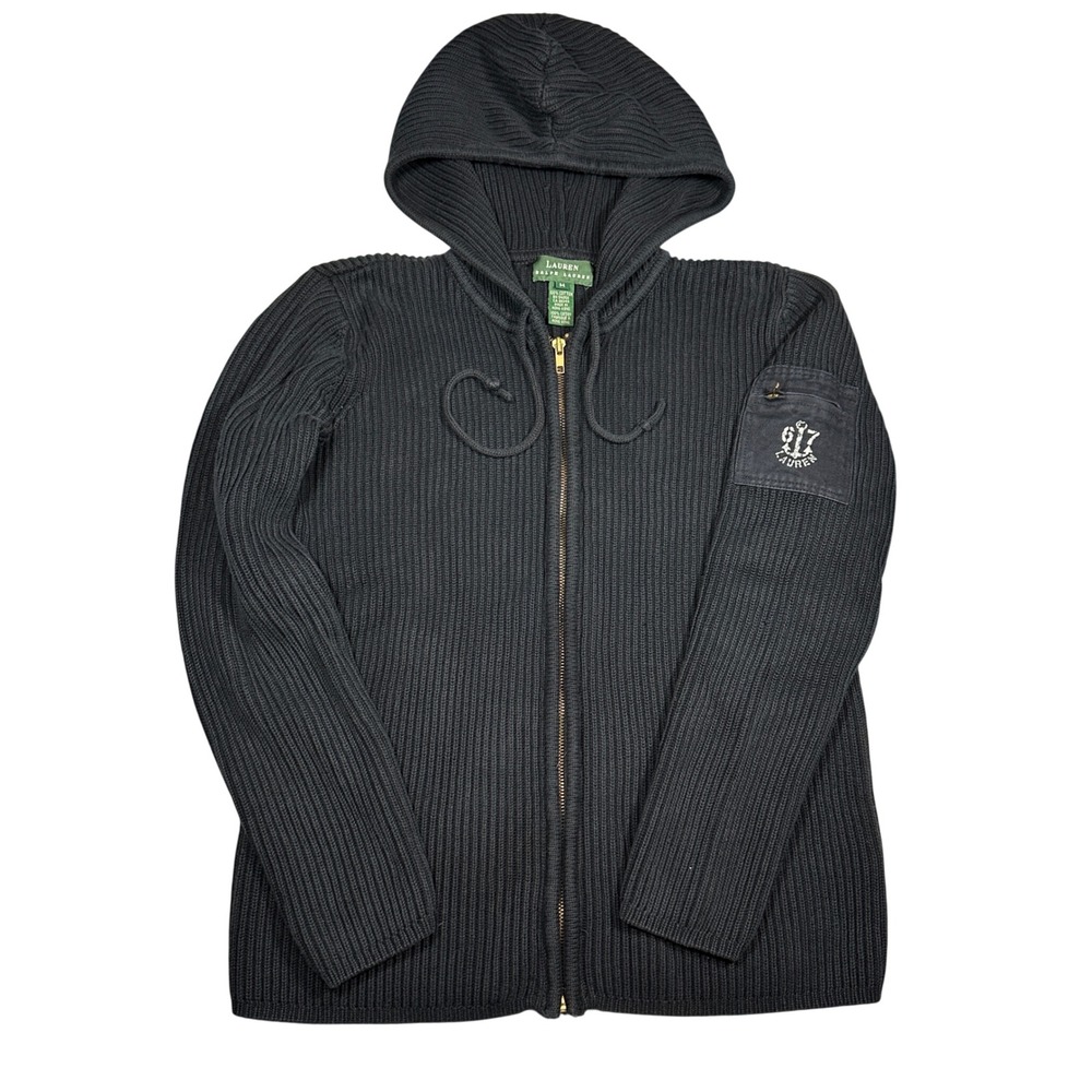 VTG 90s Lauren Ralph Lauren Ribbed Cotton Full Zip Hooded Sweater Anchor Crest